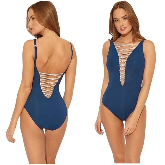 Bleu Rod Beattie Knotty Lace Down One-Piece Swimsuit Navy/Silver Size 18W NWT - Picture 2 of 12